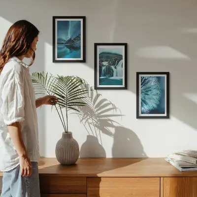 Juego de 3 cuadros decorativos con paisajes invernales de cascadas y auroras boreales