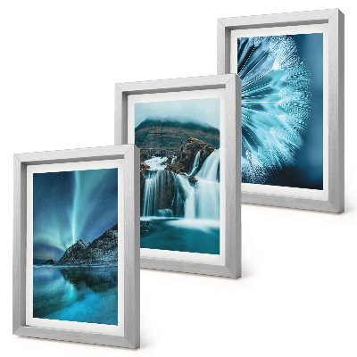 Juego de 3 cuadros decorativos Paisajes invernales con cascadas y auroras boreales.