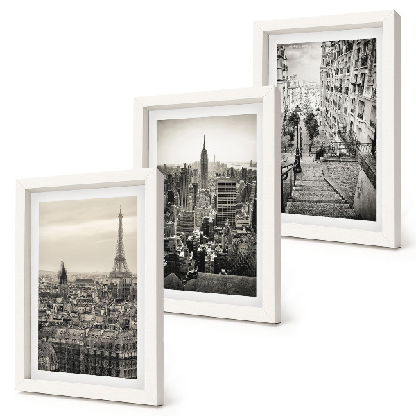 Juego de 3 cuadros decorativos Vistas de la ciudad de París y Nueva York y encantadoras escaleras