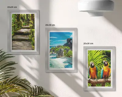 Tríptico enmarcado bosque tropical con cascada y loros coloridos
