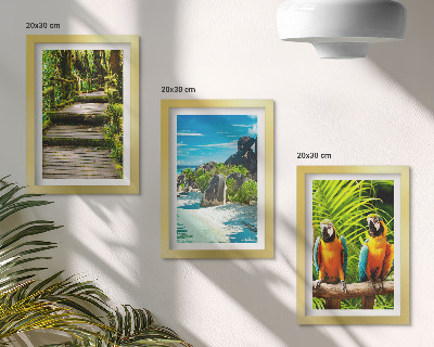 Tríptico enmarcado Bosque tropical con una cascada y loros coloridos.