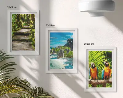 Tríptico enmarcado bosque tropical con cascada y loros coloridos