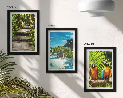 Tríptico enmarcado bosque tropical con cascada y loros coloridos