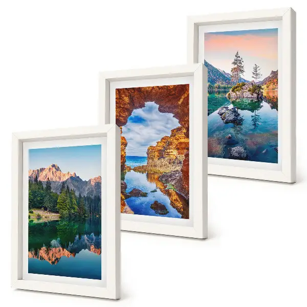 Juego de 3 cuadros decorativos con paisajes de lagos de montaña, reflejos en el agua y rocas