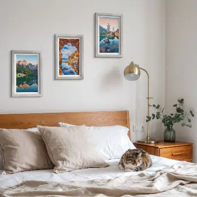 Juego de 3 cuadros decorativos con paisajes de lagos de montaña, reflejos en el agua y rocas