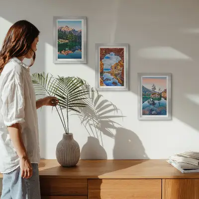 Juego de 3 cuadros decorativos con paisajes de lagos de montaña, reflejos en el agua y rocas