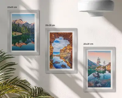 Juego de 3 cuadros decorativos con paisajes de lagos de montaña, reflejos en el agua y rocas