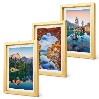 Juego de 3 cuadros decorativos con paisajes de lagos de montaña, reflejos en el agua y rocas