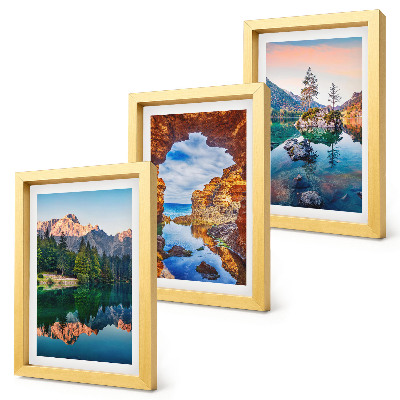 Juego de 3 cuadros decorativos Lagos de montaña con reflejos en el agua y las rocas.