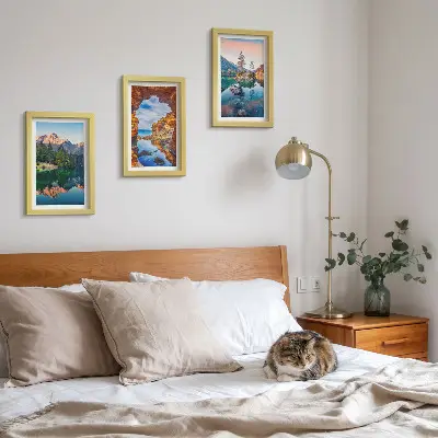 Juego de 3 cuadros decorativos con paisajes de lagos de montaña, reflejos en el agua y rocas
