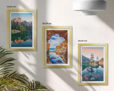 Juego de 3 cuadros decorativos con paisajes de lagos de montaña, reflejos en el agua y rocas