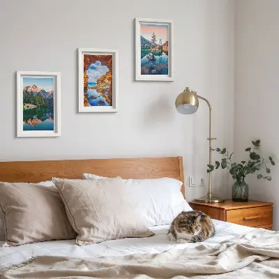 Juego de 3 cuadros decorativos con paisajes de lagos de montaña, reflejos en el agua y rocas