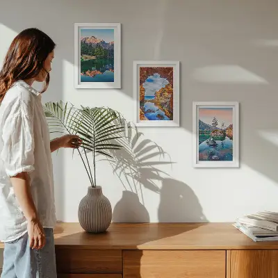 Juego de 3 cuadros decorativos con paisajes de lagos de montaña, reflejos en el agua y rocas
