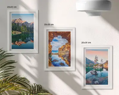 Juego de 3 cuadros decorativos con paisajes de lagos de montaña, reflejos en el agua y rocas