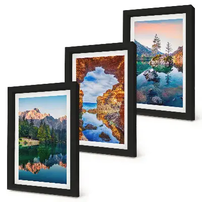 Juego de 3 cuadros decorativos con paisajes de lagos de montaña, reflejos en el agua y rocas