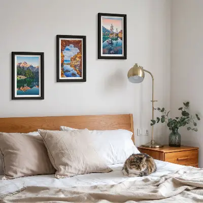 Juego de 3 cuadros decorativos con paisajes de lagos de montaña, reflejos en el agua y rocas