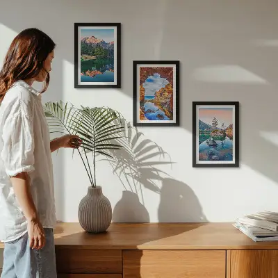 Juego de 3 cuadros decorativos con paisajes de lagos de montaña, reflejos en el agua y rocas