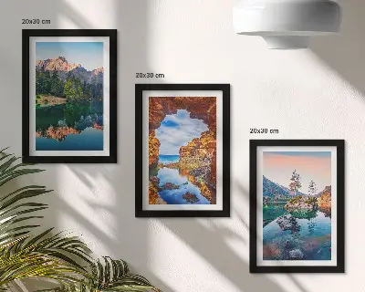 Juego de 3 cuadros decorativos con paisajes de lagos de montaña, reflejos en el agua y rocas