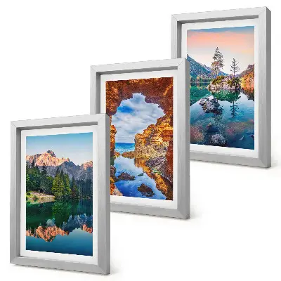 Juego de 3 cuadros decorativos con paisajes de lagos de montaña, reflejos en el agua y rocas