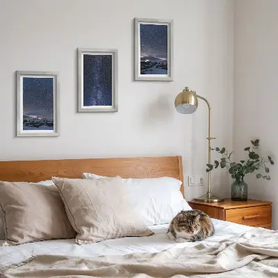 Juego de 3 cuadros decorativos con diseño de cielo nocturno con estrellas y paisaje montañoso