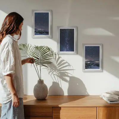 Juego de 3 cuadros decorativos con diseño de cielo nocturno con estrellas y paisaje montañoso