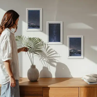 Juego de 3 cuadros decorativos con diseño de cielo nocturno con estrellas y paisaje montañoso