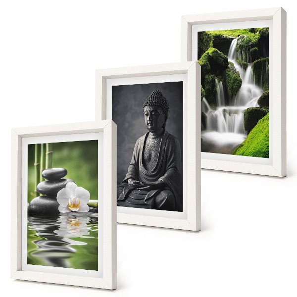 Tríptico enmarcado Pinturas zen relajantes con agua, piedras y Buda.