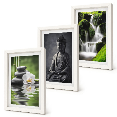 Tríptico enmarcado Pinturas zen relajantes con agua, piedras y Buda.