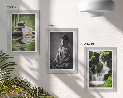 Tríptico enmarcado Pinturas zen relajantes con agua, piedras y Buda.