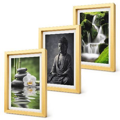 Tríptico enmarcado Pinturas zen relajantes con agua, piedras y Buda.