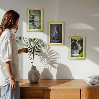 Tríptico enmarcado Pinturas zen relajantes con agua, piedras y Buda.