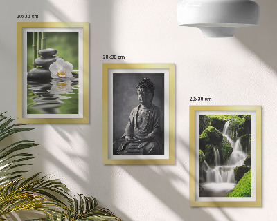 Tríptico enmarcado Pinturas zen relajantes con agua, piedras y Buda.