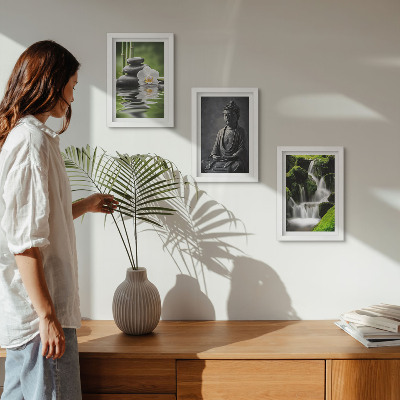 Tríptico enmarcado Pinturas zen relajantes con agua, piedras y Buda.