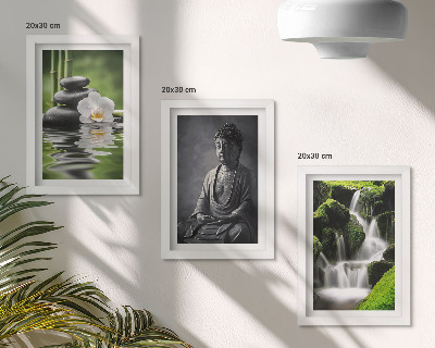 Tríptico enmarcado Pinturas zen relajantes con agua, piedras y Buda.