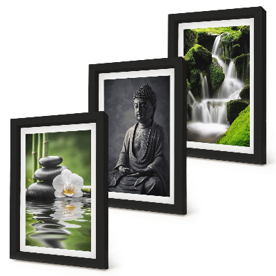 Tríptico enmarcado Pinturas zen relajantes con agua, piedras y Buda.