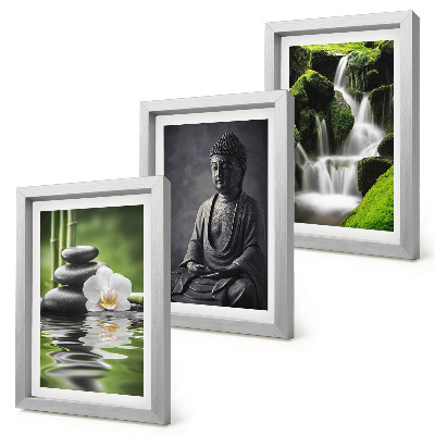 Tríptico enmarcado Pinturas zen relajantes con agua, piedras y Buda.