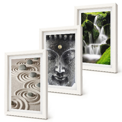 Juego de 3 cuadros decorativos La paz de la naturaleza con piedras, una cascada y Buda