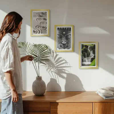 Juego de 3 cuadros decorativos con diseño de naturaleza, cascada y Buda