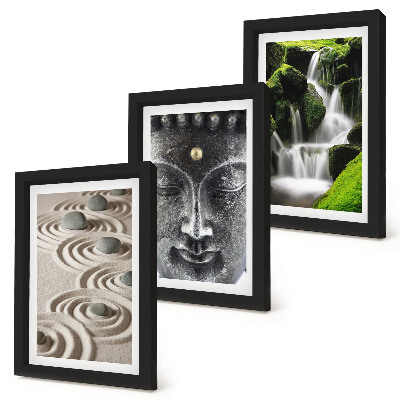 Juego de 3 cuadros decorativos La paz de la naturaleza con piedras, una cascada y Buda