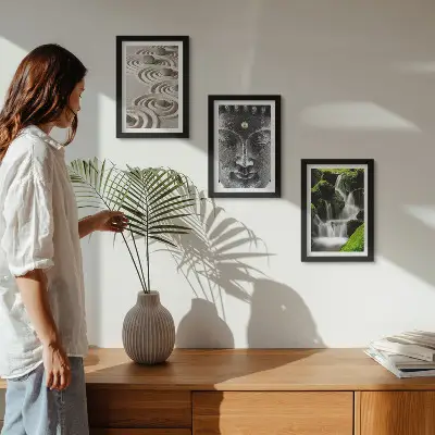Juego de 3 cuadros decorativos con diseño de naturaleza, cascada y Buda