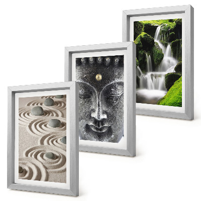 Juego de 3 cuadros decorativos La paz de la naturaleza con piedras, una cascada y Buda