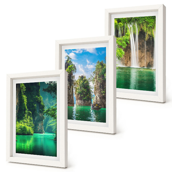 Tríptico enmarcado Paisajes verdes con cascadas y rocas.