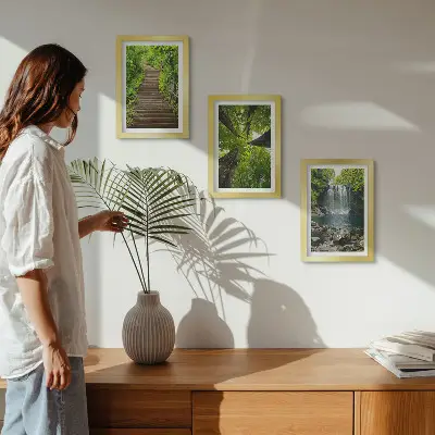 Juego de 3 cuadros decorativos con diseño de sendero forestal, cascada y vegetación verde