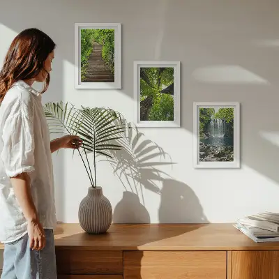 Juego de 3 cuadros decorativos con diseño de sendero forestal, cascada y vegetación verde