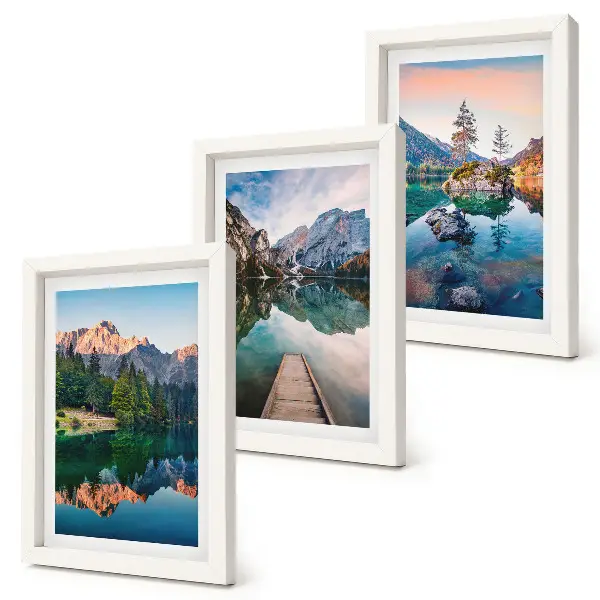 Juego de 3 cuadros decorativos con paisajes de lagos de montaña, reflejos en el agua y bosques