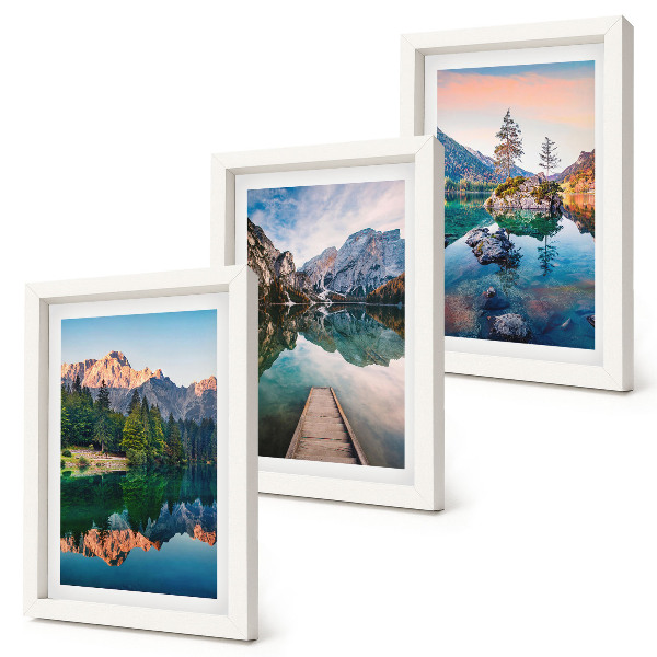 Juego de 3 cuadros decorativos Lagos de montaña con reflejos en el agua y el bosque.