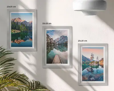 Juego de 3 cuadros decorativos con paisajes de lagos de montaña, reflejos en el agua y bosques