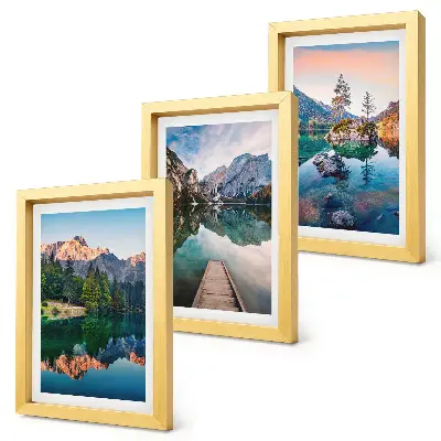 Juego de 3 cuadros decorativos con paisajes de lagos de montaña, reflejos en el agua y bosques