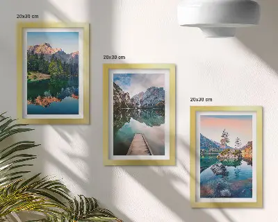 Juego de 3 cuadros decorativos con paisajes de lagos de montaña, reflejos en el agua y bosques