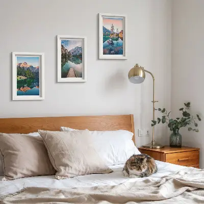 Juego de 3 cuadros decorativos con paisajes de lagos de montaña, reflejos en el agua y bosques